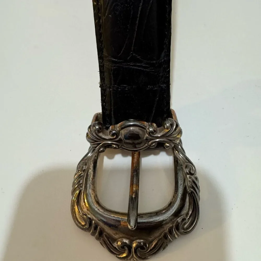 Enmon Belts Black Embossed Italian Leather Belt Silver Tone  sz Small